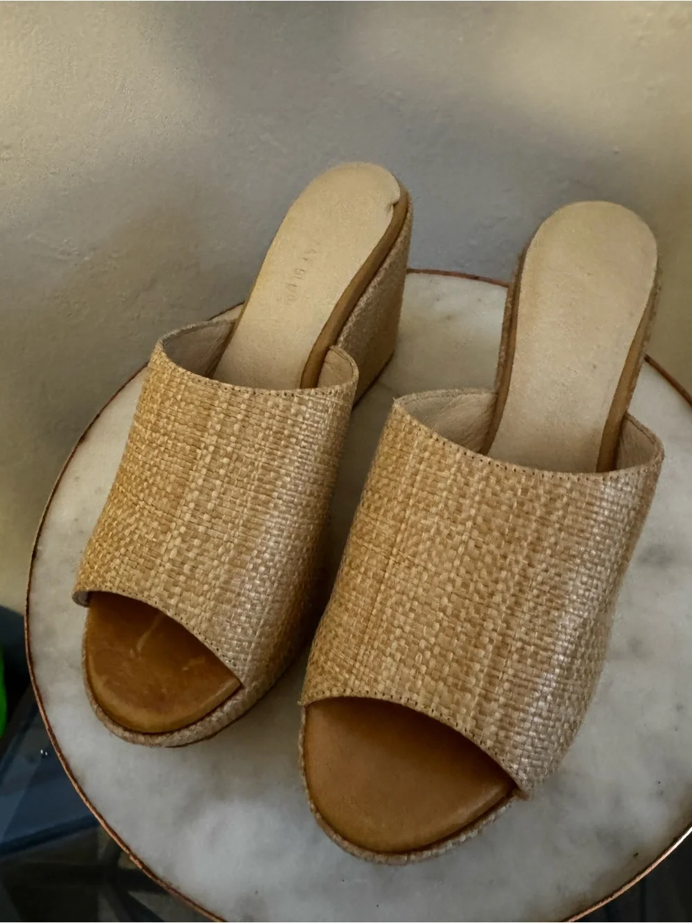 Chocolat Blu Tan Woven Slide Wedge Mules